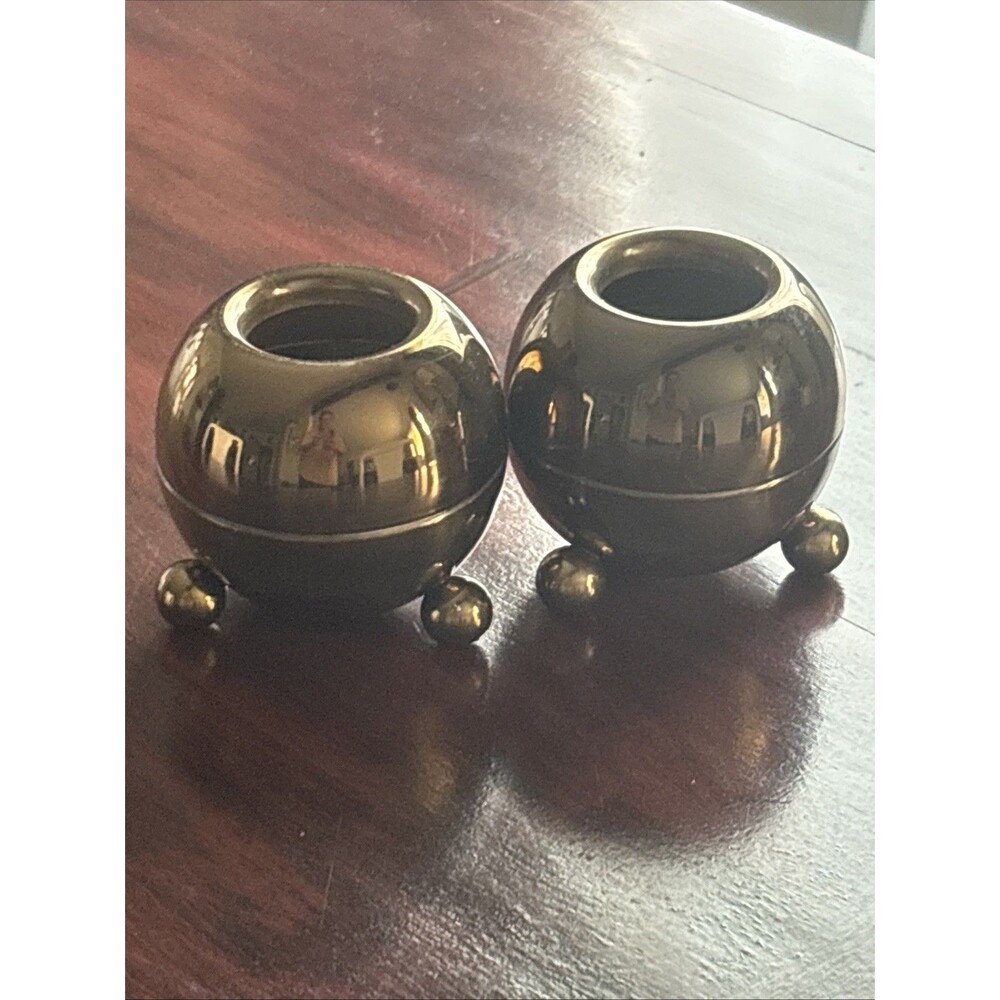 MCM Pilcher Brass Footed Orb Candlestick Holder Round Vintage Pair